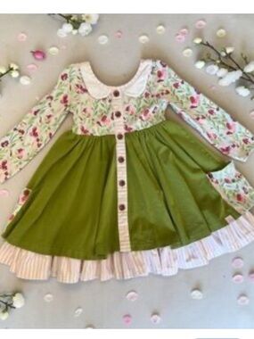 💕Size 5 SweetHoney Floral Bodice with Olive Green Skirt Long-Sleeve Dress!